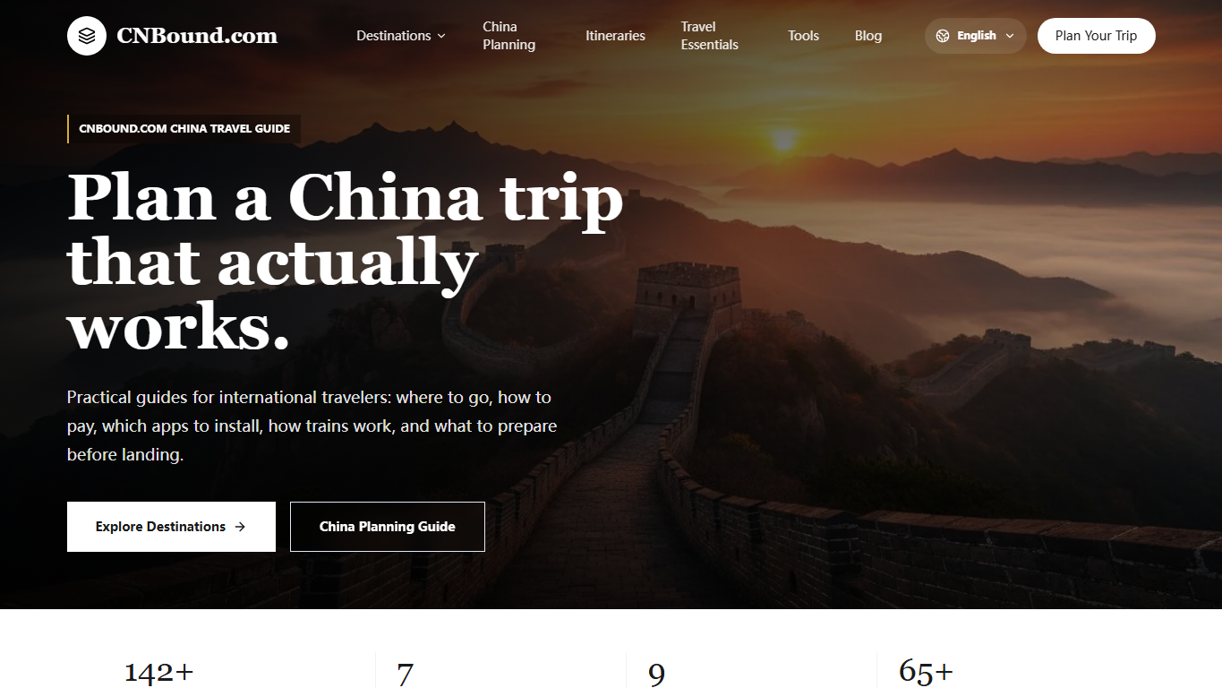 CNBound.com homepage screenshot showing a China travel guide hero section